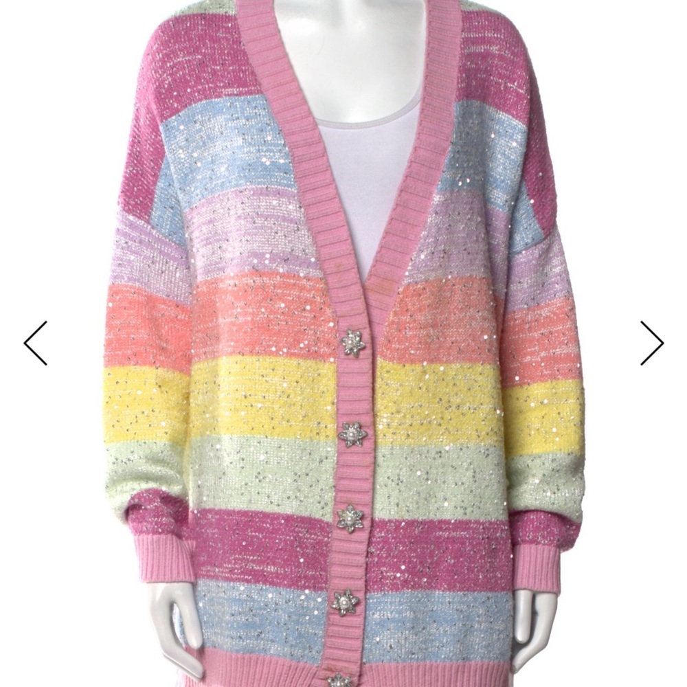 Pastel Rainbow Striped Sequin Cardigan Sweater - Pink